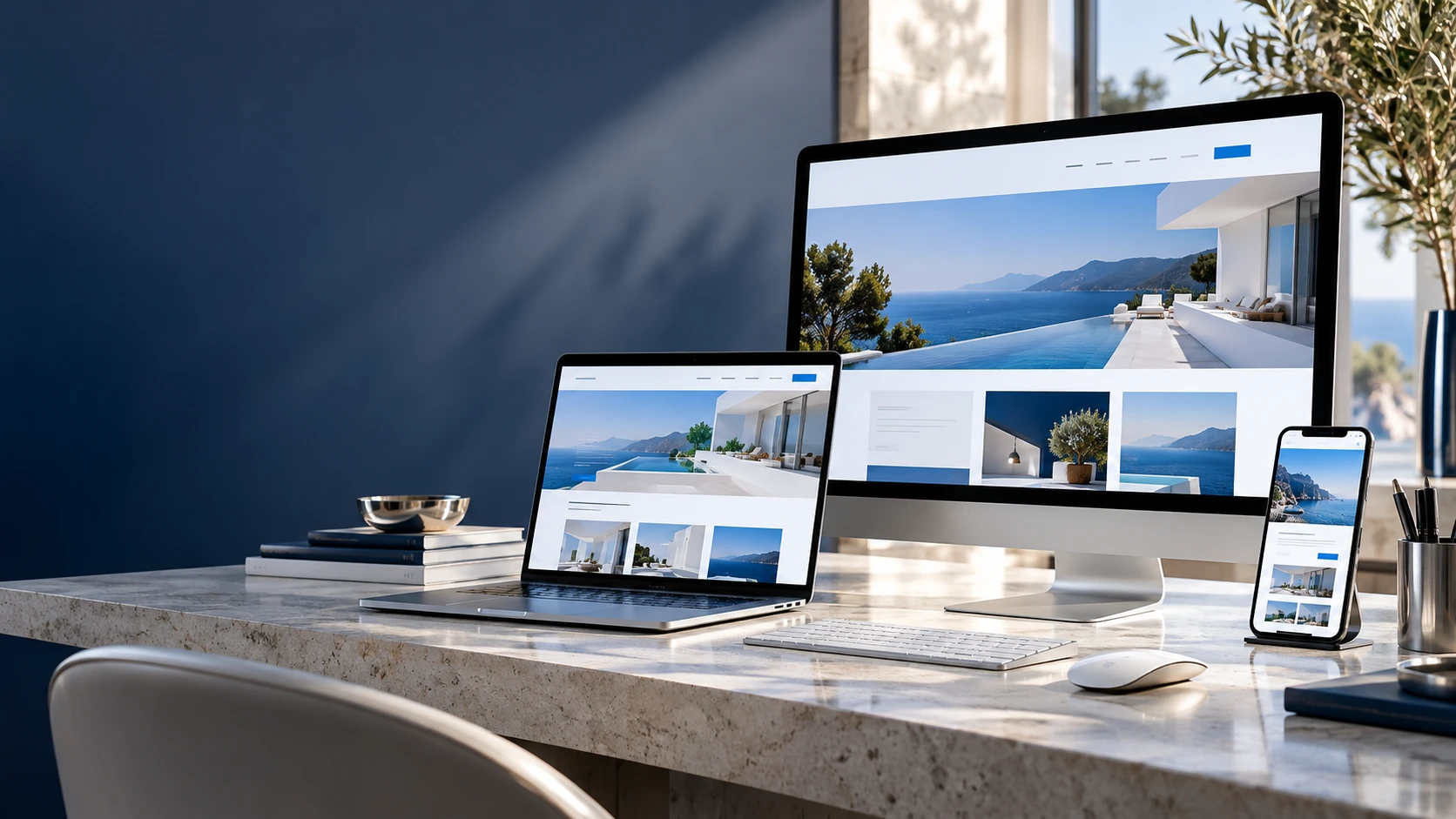 Composição ilustrativa de um estúdio digital com sites em computador, notebook e celular